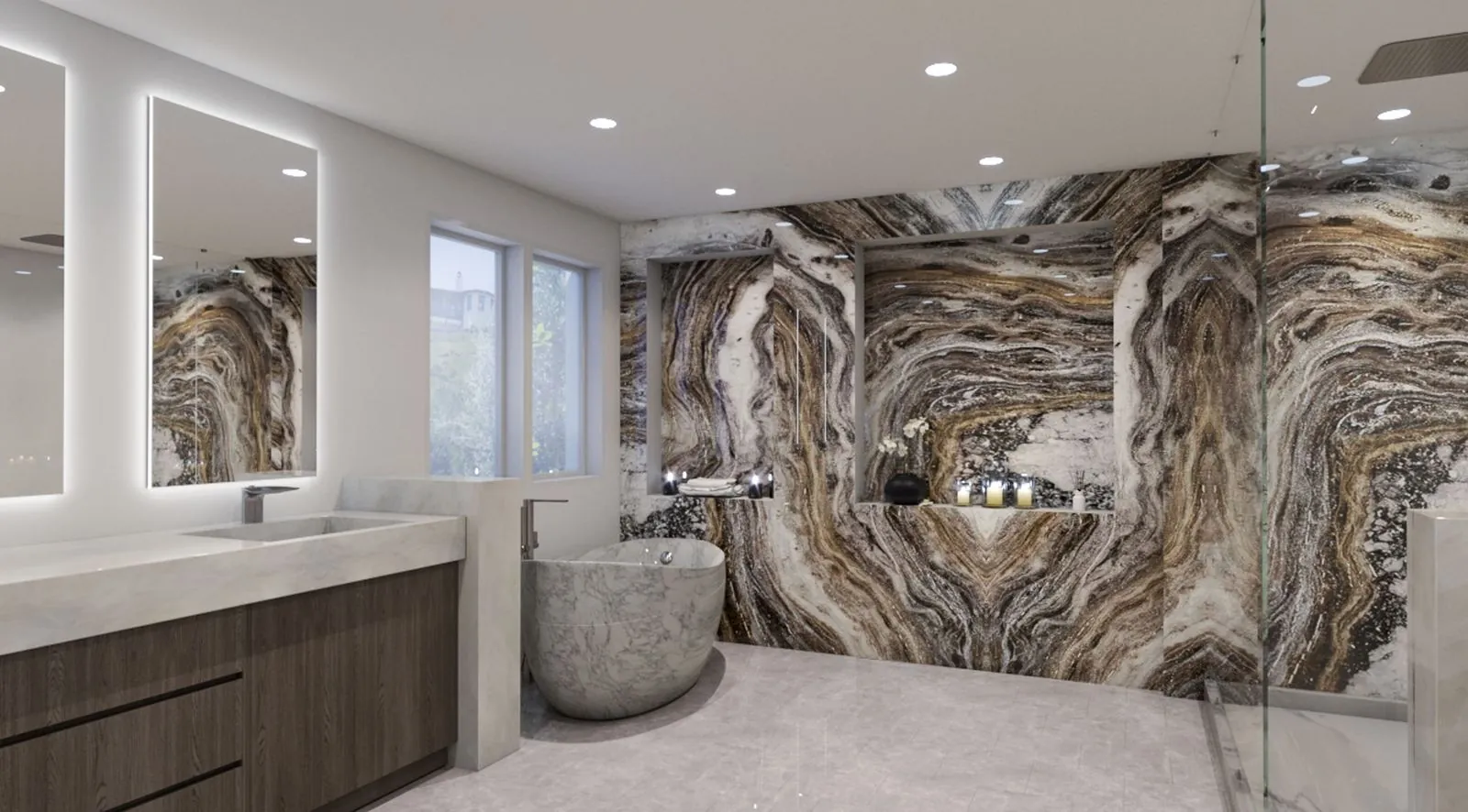 Primary bath with book-matched stone feature wall, sculpted marble soaking tub, and backlit vanity mirrors